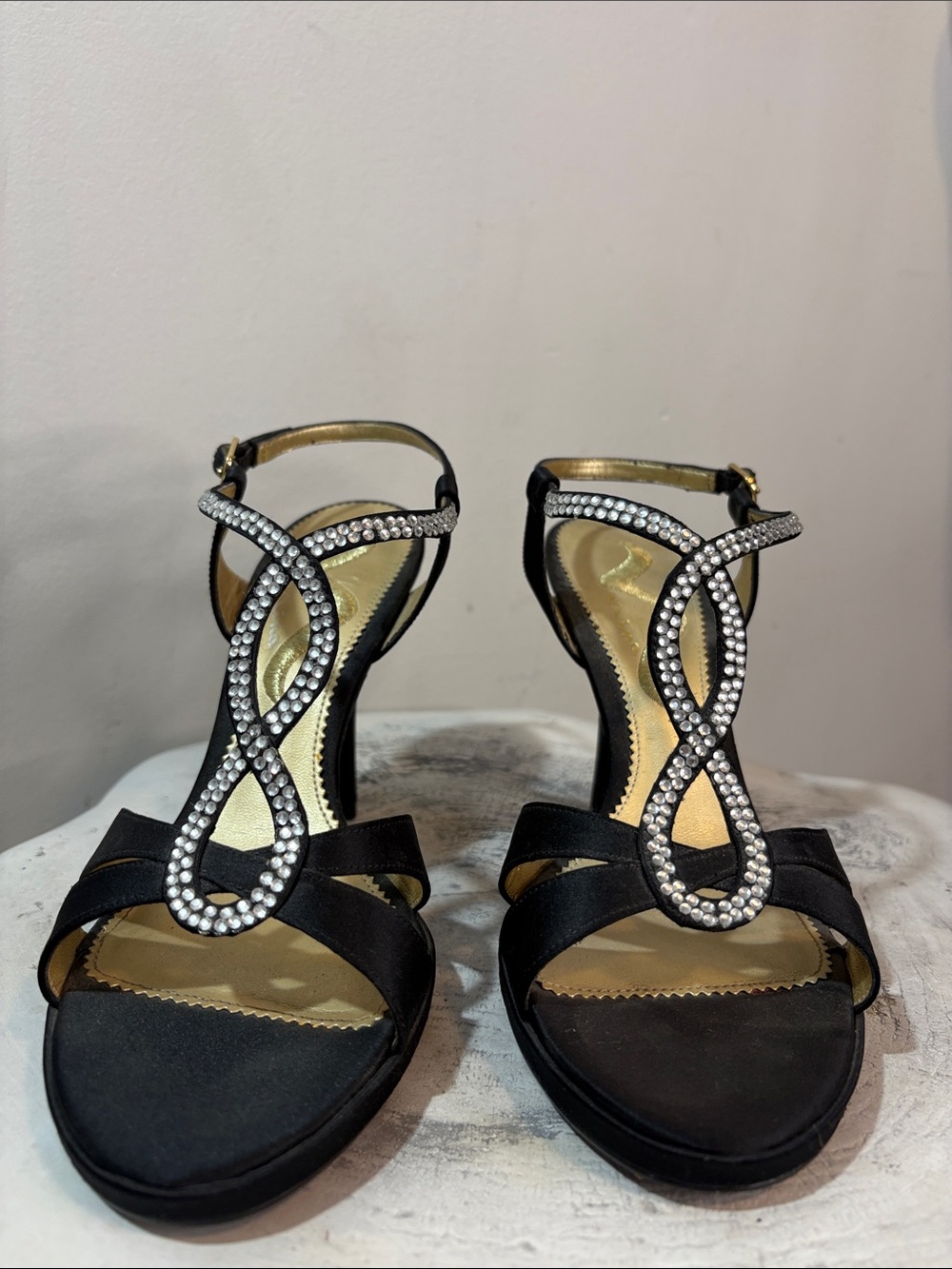Nina Black Satin Rhinestone Bedazzled Infinity Loop Cross Strap Stiletto Heels 8